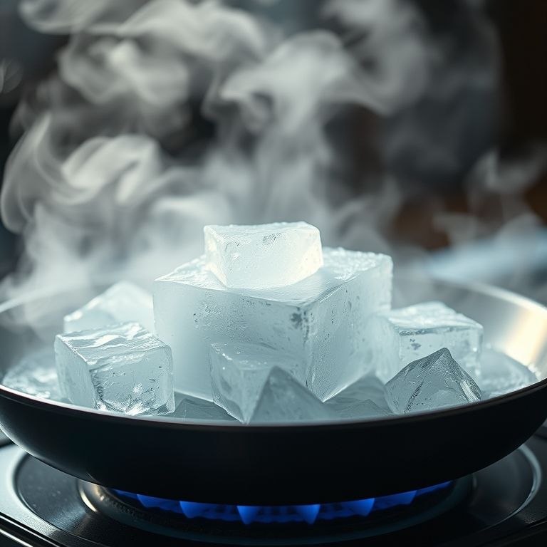 Gelo derretendo em uma panela quente, mostrando a transferência de calor.