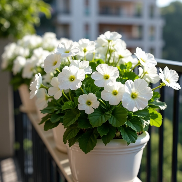 Gerânios brancos elegantes em vasos estilosos numa varanda.