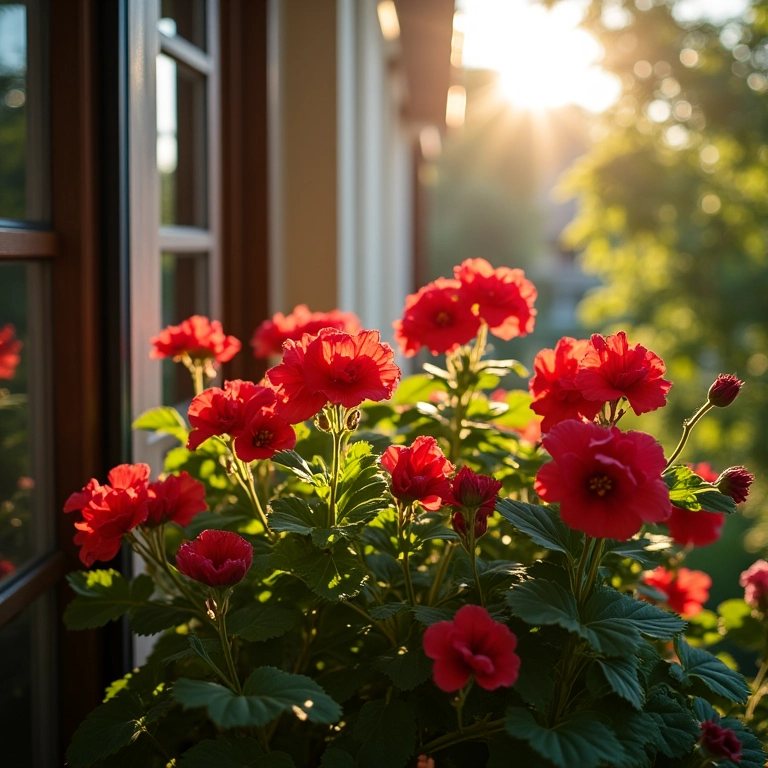 Gerânios em uma varanda banhada pela luz do sol.