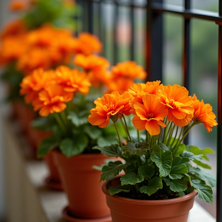 Gerânios laranjas vibrantes em vasos de barro numa varanda.