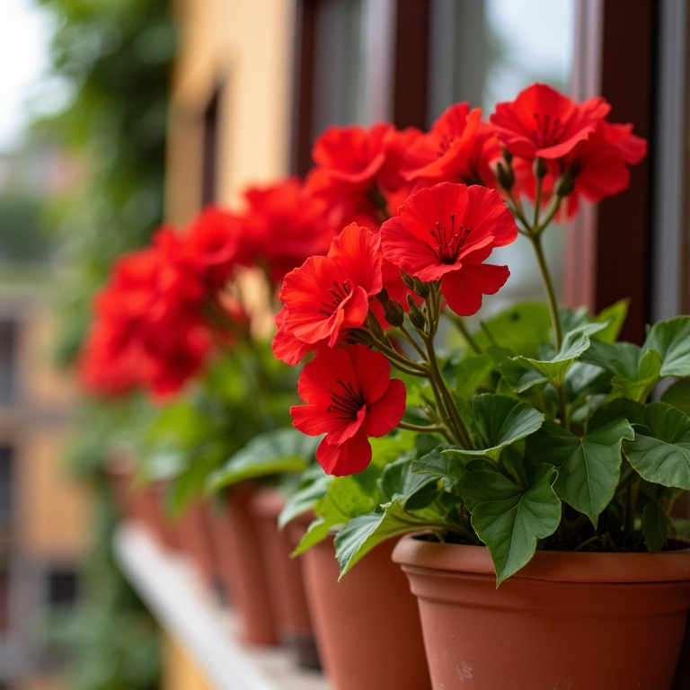 Gerânios vermelhos vibrantes em vasos de barro numa varanda.