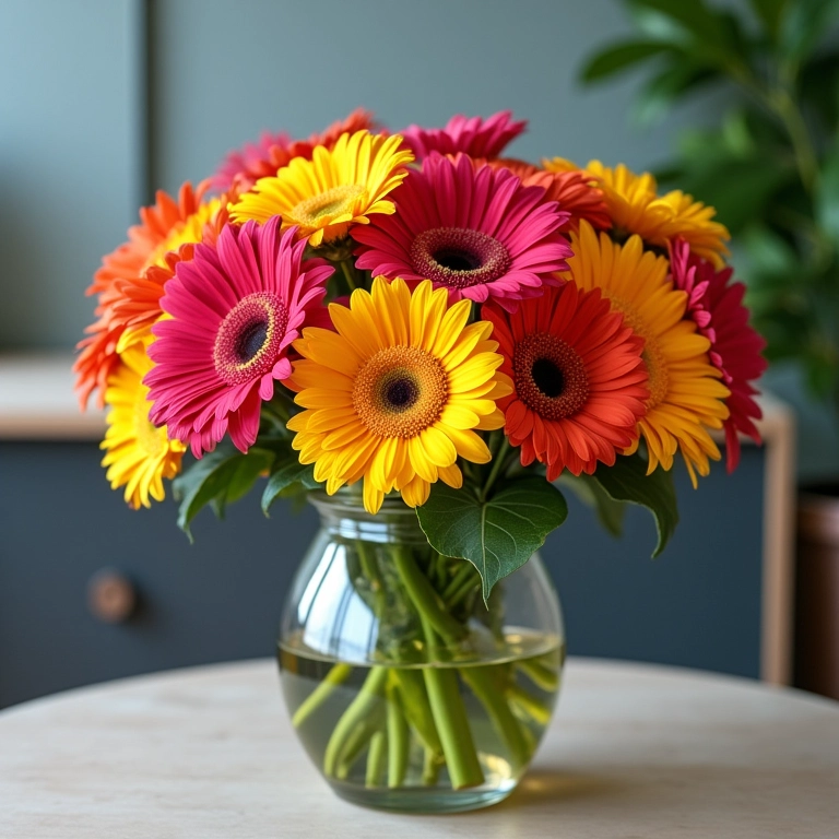 Gérberas coloridas em vaso vibrante, simbolizando energia positiva e alegria.