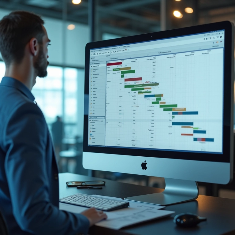 Gerente acompanhando o progresso do projeto com gráfico de Gantt.