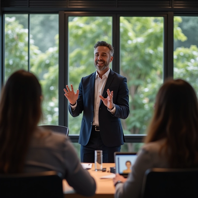 Gerente inspirando equipe durante reunião em escritório.
