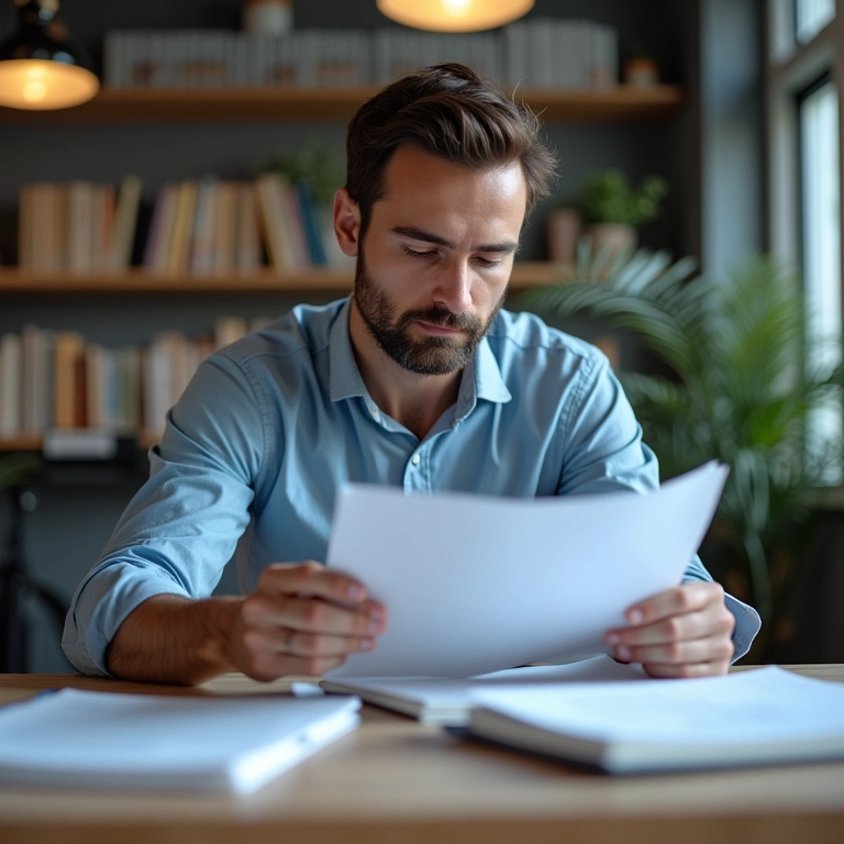 Gerente revisando documentos de segurança no escritório.