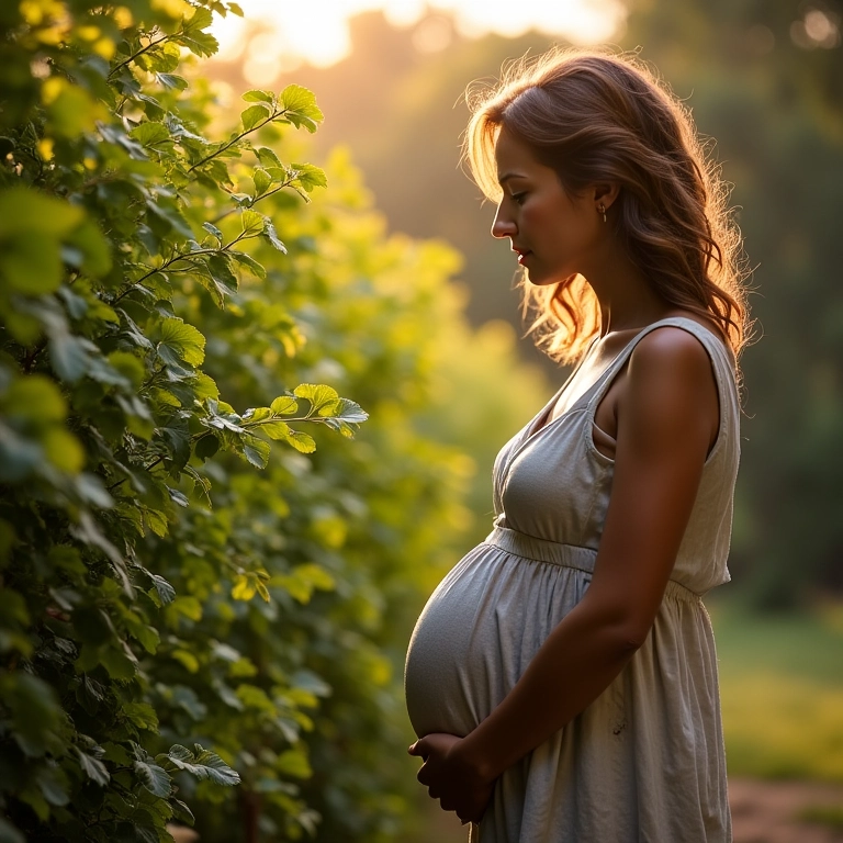 Gestante observando planta de peixinho da horta com curiosidade.