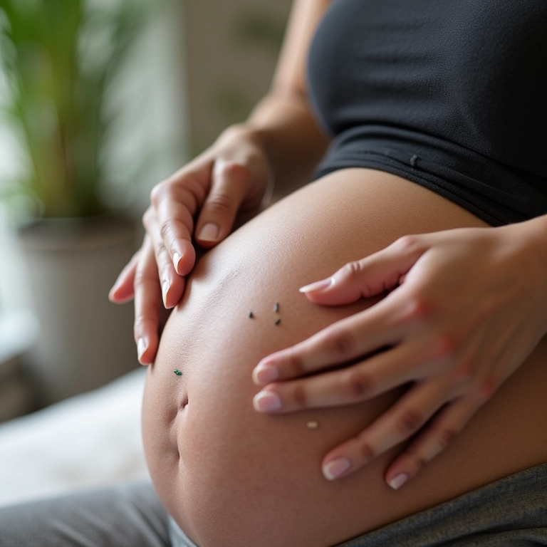 Gestante recebendo acupuntura para alívio de náuseas e vômitos.