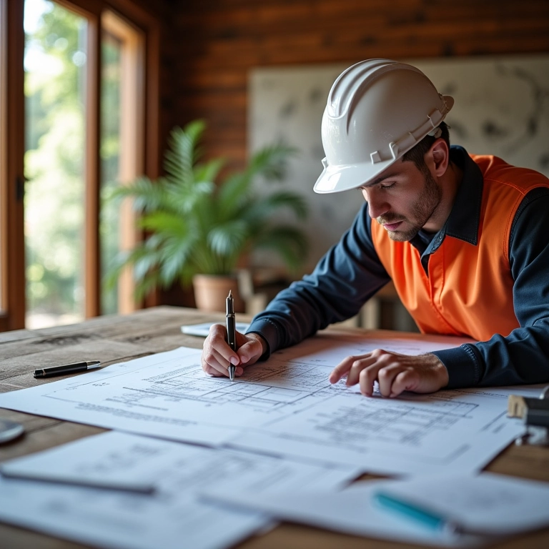 Gestor de construção revisando memorial descritivo com planilhas de orçamento.