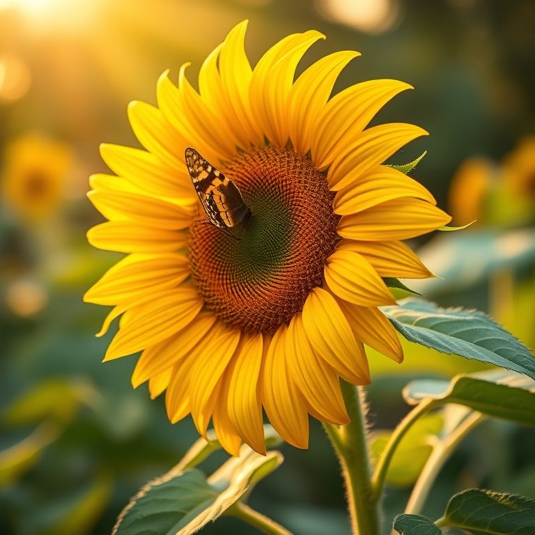 Girassol imponente com uma borboleta pousada.