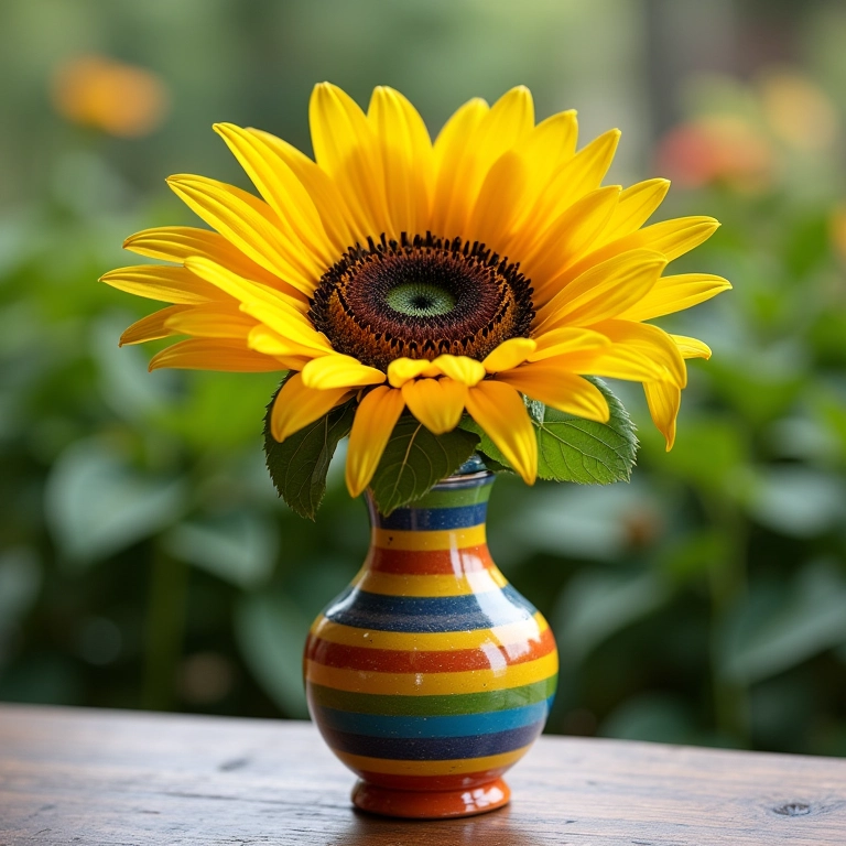 Girassol vibrante em vaso colorido, representando o signo de Leão.