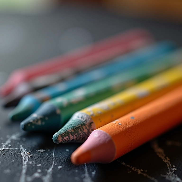 Gizes de alta qualidade em diversas cores sobre uma lousa.