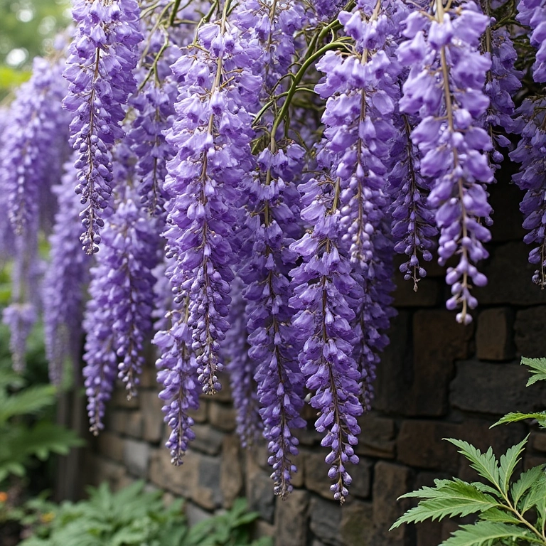 Glicínia roxa florescendo abundantemente sobre um muro de pedra.