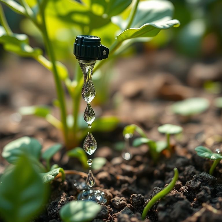 Gotas de água irrigando as raízes de uma planta através do sistema de gotejamento.