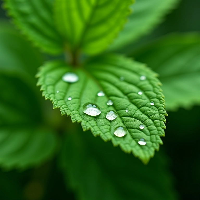 Gotas de água nas folhas da erva cidreira após a rega.