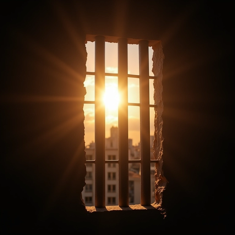 Grades de cela quebradas com luz do sol, representando a esperança de acabar com o crime através da delação.