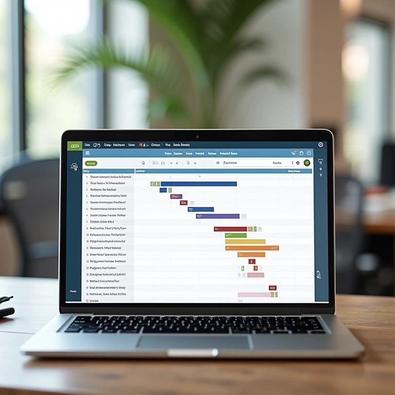 Gráfico de Gantt ilustrando o cronograma de um projeto na tela de um laptop.