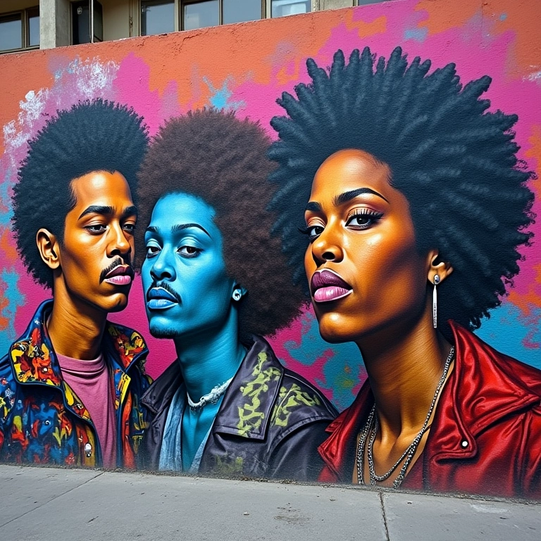 Grafite representando artistas de funk e símbolos culturais.