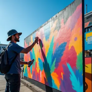 Grafiteiro criando mural colorido em área urbana.