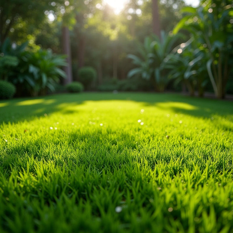 Grama Esmeralda exuberante em um jardim brasileiro bem cuidado.