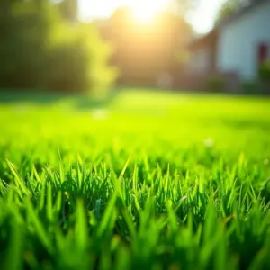 Gramado verde exuberante e livre de ervas daninhas sob a luz do sol.