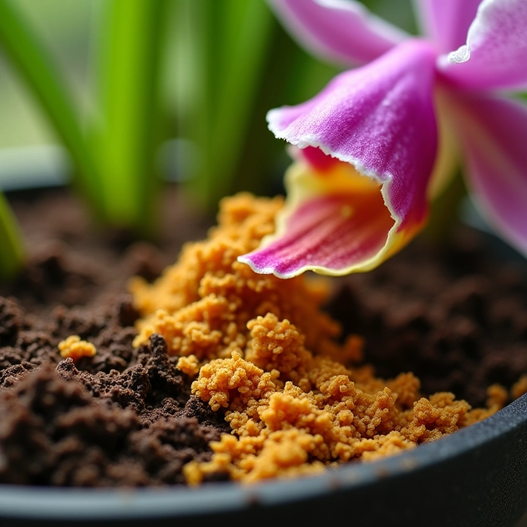 Grânulos de adubo NPK aplicados nas raízes de orquídeas.