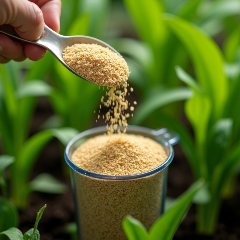 Grânulos de fertilizantes minerais em copo medidor.