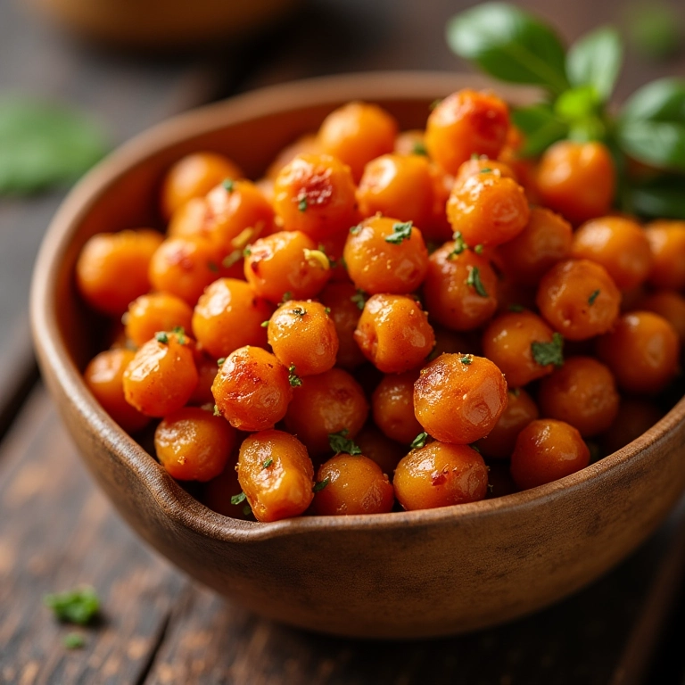 Grão de bico assado crocante com páprica e ervas em tigela de madeira.