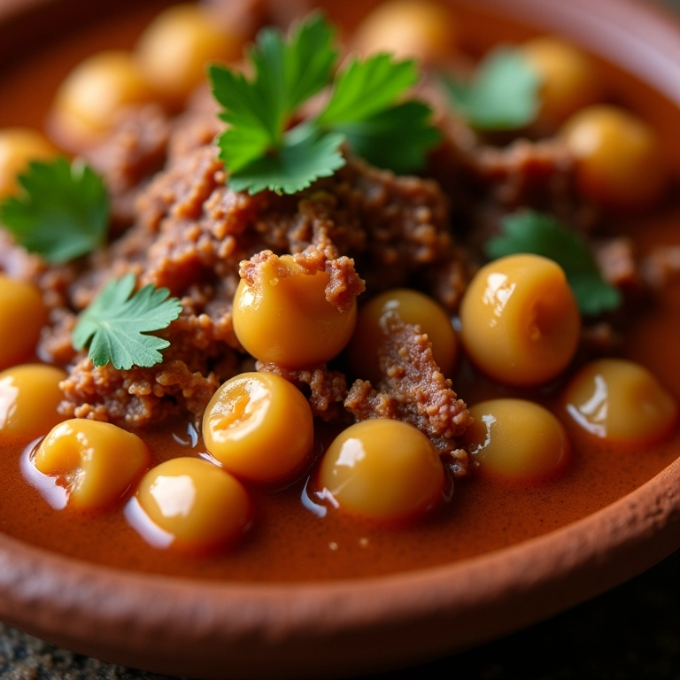 Grão de bico com carne seca desfiada, decorado com coentro.