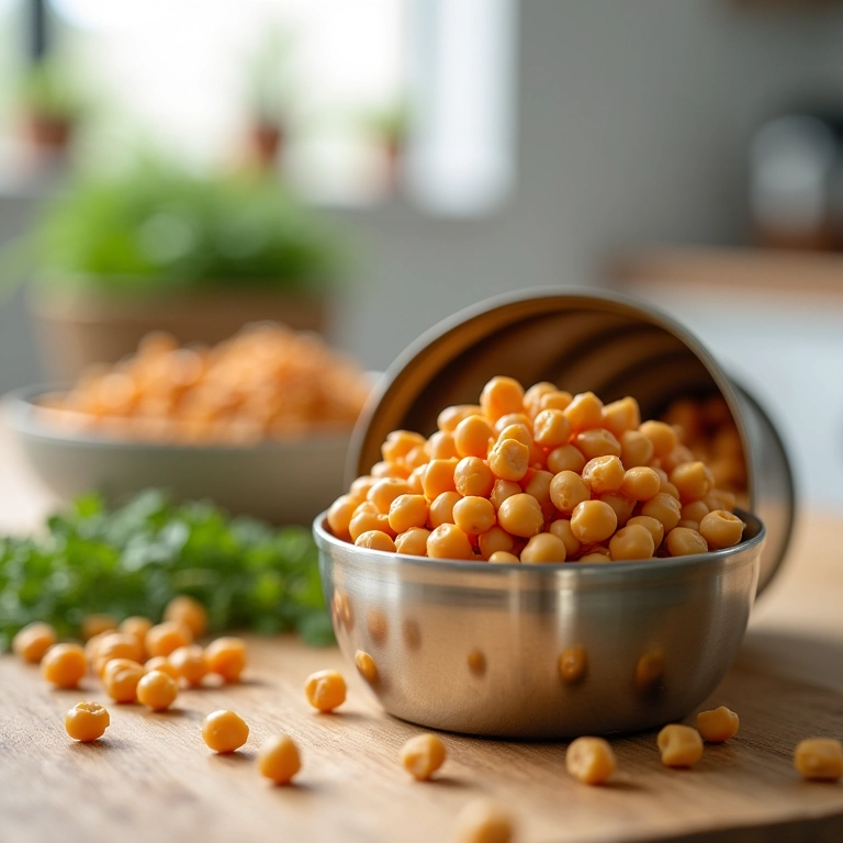 Grão de bico enlatado ao lado da salada, mostrando praticidade.