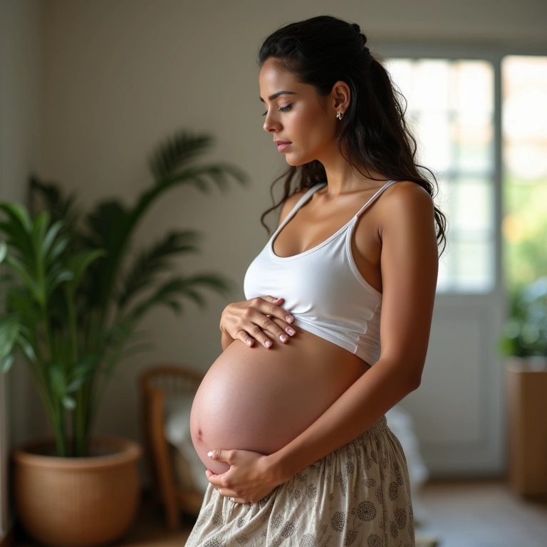 Grávida tocando a barriga, representando refluxo na gravidez.