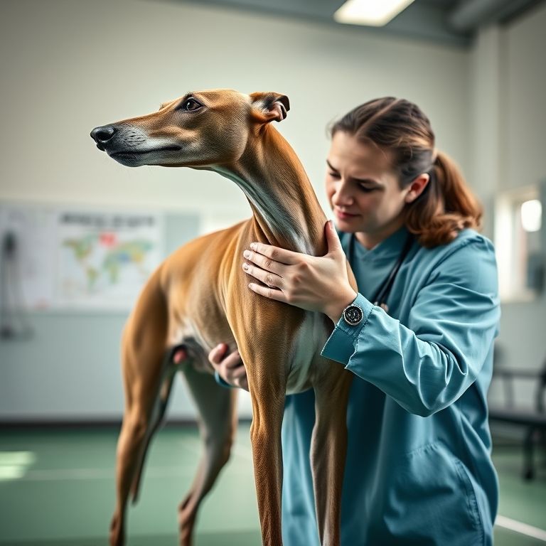 Greyhound fazendo alongamento com fisioterapeuta veterinário para prevenir lesões.