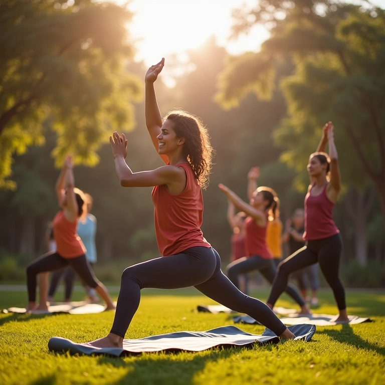 Grupo de amigos brasileiros praticando yoga em um parque ensolarado.