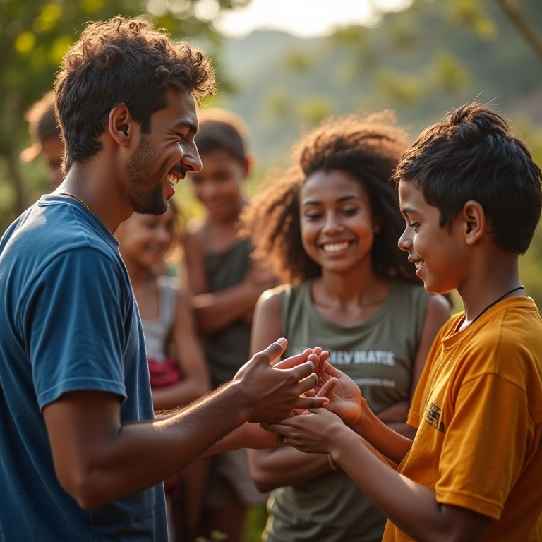 Grupo de amigos brasileiros trabalhando como voluntários.