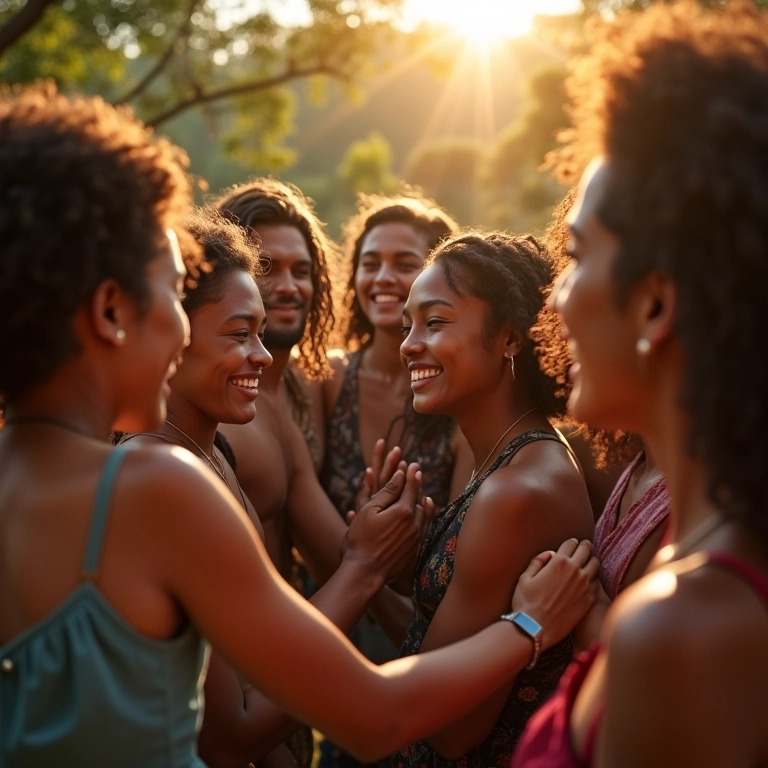 Grupo de amigos diversos apoiando um ao outro, mostrando conexão e suporte.