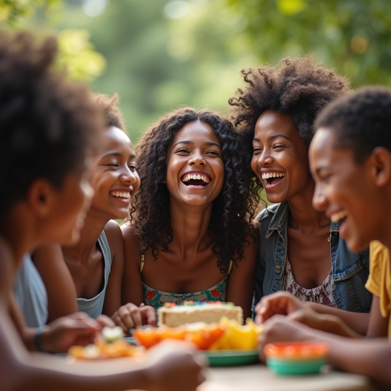 Grupo de amigos diversos rindo juntos em um piquenique, representando amizades profundas e apoio mútuo.