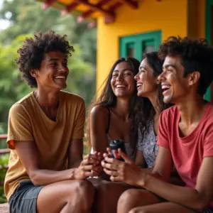Grupo de amigos diversos sorrindo em varanda colorida, representando a conexão e o amor platônico na assexualidade.