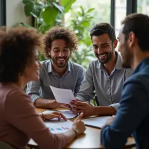 Grupo de brasileiros diversos analisando gráficos de investimento com entusiasmo.