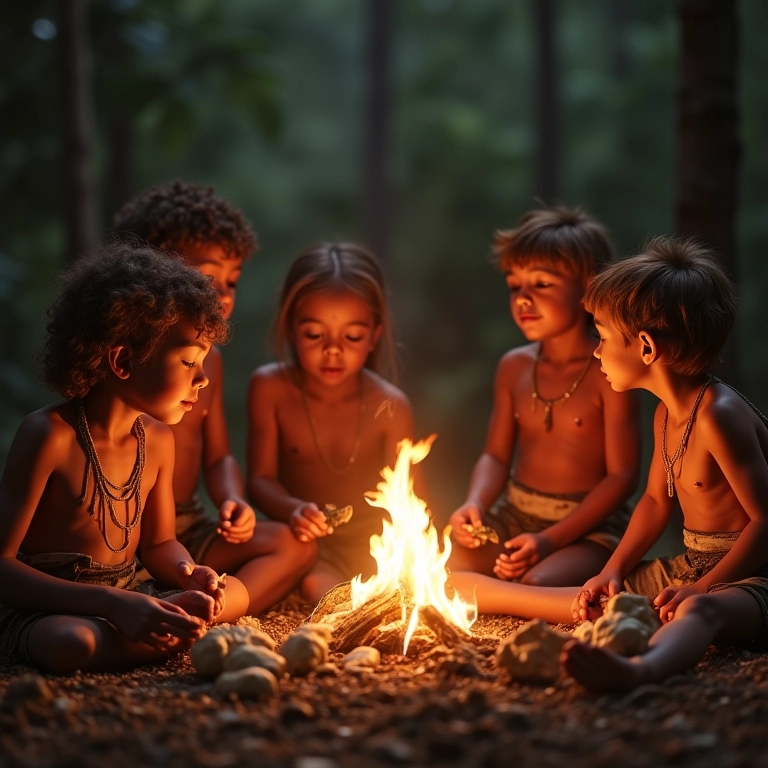 Grupo de humanos primitivos desfrutando de comida cozida em volta de uma fogueira.