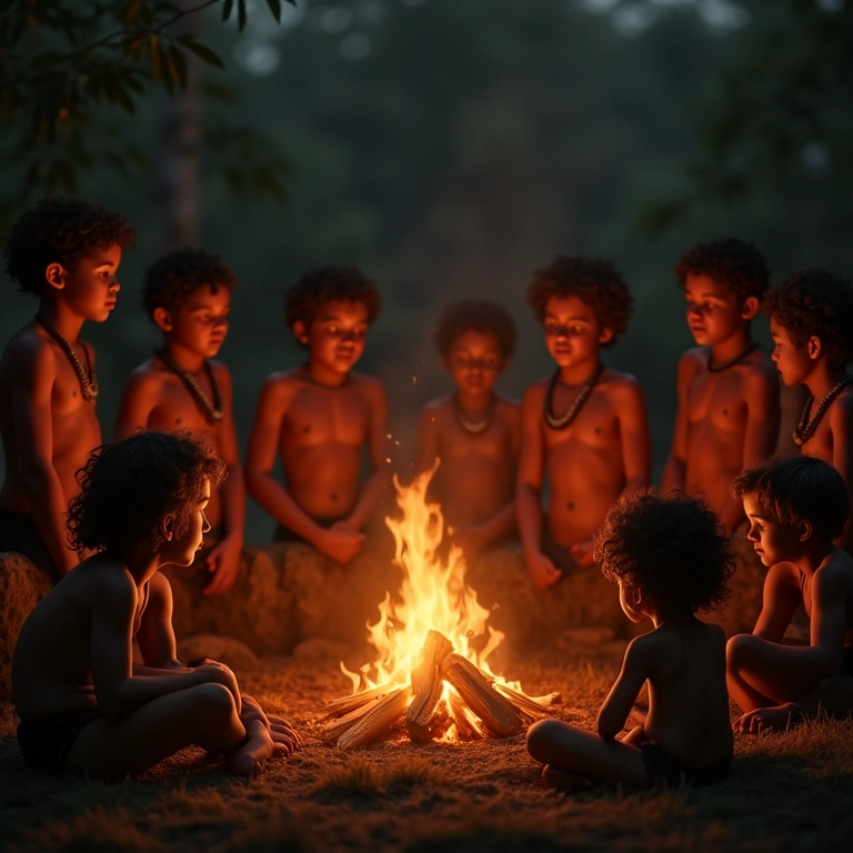 Grupo de humanos primitivos reunidos ao redor de uma fogueira.