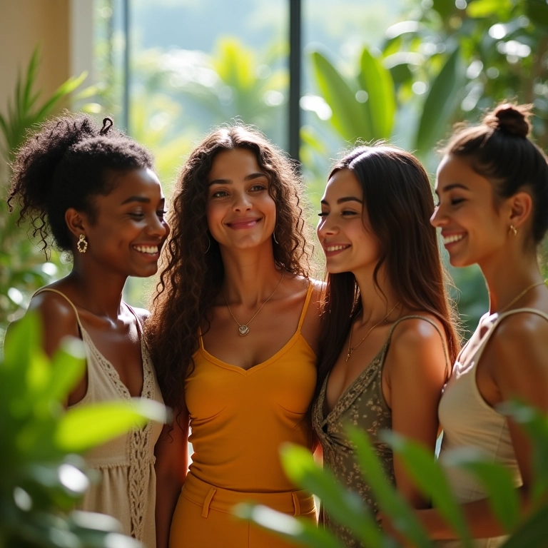 Grupo de influenciadores colaborando com uma marca em um ambiente brasileiro.