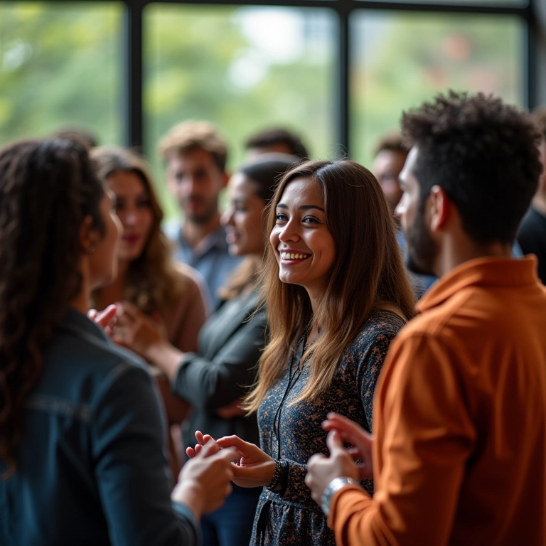 Grupo de jovens empreendedores brasileiros fazendo networking.