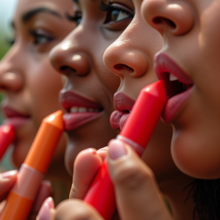 Grupo de mulheres aplicando hidratante labial em diferentes tons de pele.