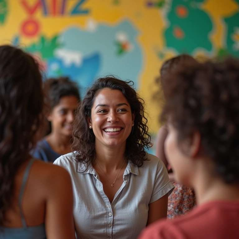 Grupo de mulheres em um centro comunitário, sorrindo e se conectando.
