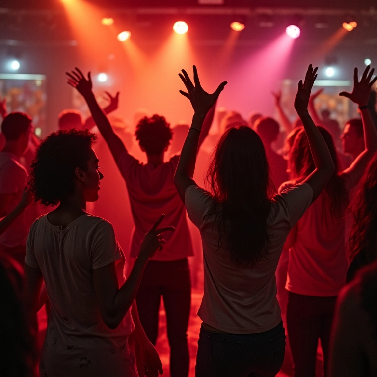 Grupo de pessoas de diversas idades dançando reggaeton em festa inclusiva.