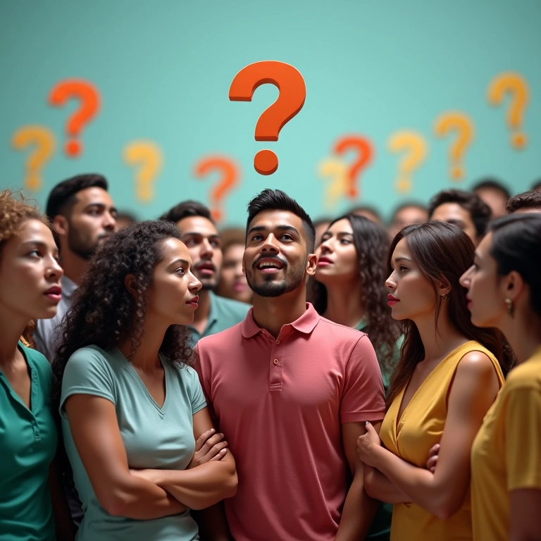 Grupo de pessoas discutindo, com pontos de interrogação, representando as críticas à delação.