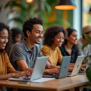 O que é VPN? Navegue com Mais Segurança e Privacidade Online Grupo de pessoas diversas usando laptops em espaço de coworking colorido, navegando com segurança usando VPN.