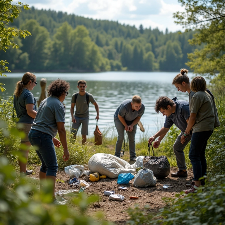 Grupo de pessoas limpando lixo ao redor de um lago, conservando o ambiente.
