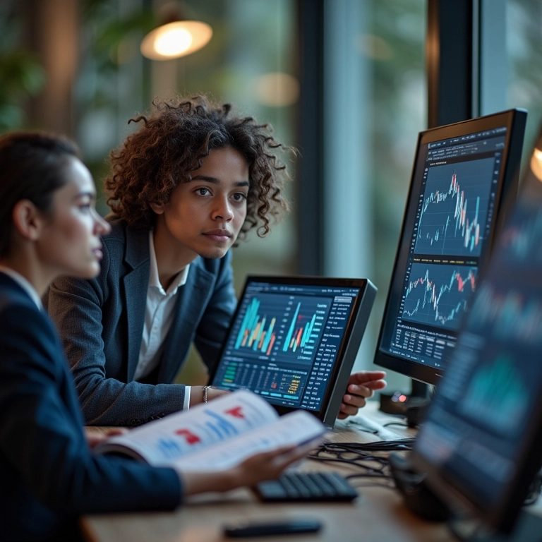 Grupo diversificado analisando gráficos de investimento, destacando diferentes tipos de ativos.