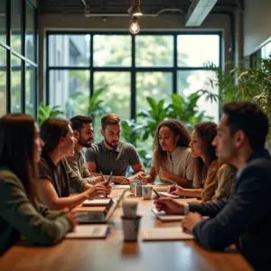 Franquias Baratas e Lucrativas Para Investir em 2025 Grupo diversificado de empreendedores discutindo franquias em espaço de coworking moderno e vibrante.