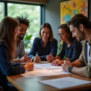 Mentorias Para Empreendedores Impulsione Seu Crescimento Grupo diversificado de empreendedores em reunião de mentoria, colaborando e discutindo estratégias.